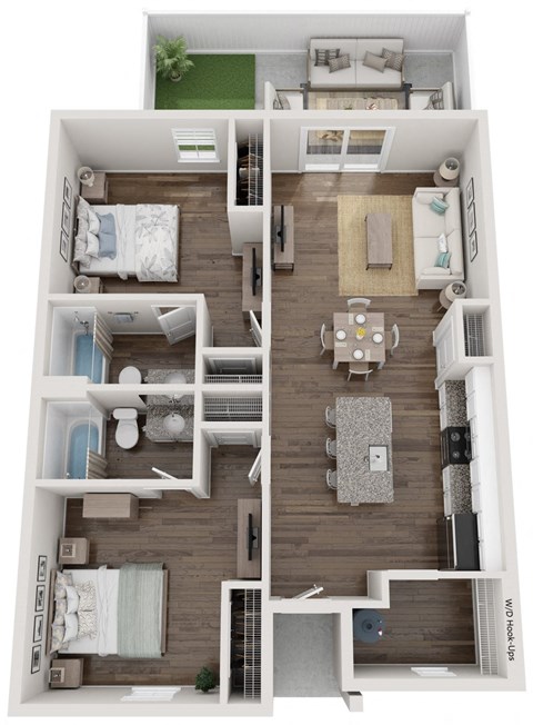Floor plan for 2 beds, 2 baths, 1050 sqft